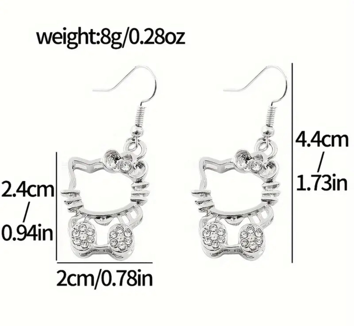 Sanrio Hello Kitty 1 Par de Pendientes de Aleación de Zinc Gris con Incrustaciones de Rhinestones, Pendientes de Oído Hueco de Gato de Metal, Accesorios de Joyería Kawaii Ideales para Regalo 🎁