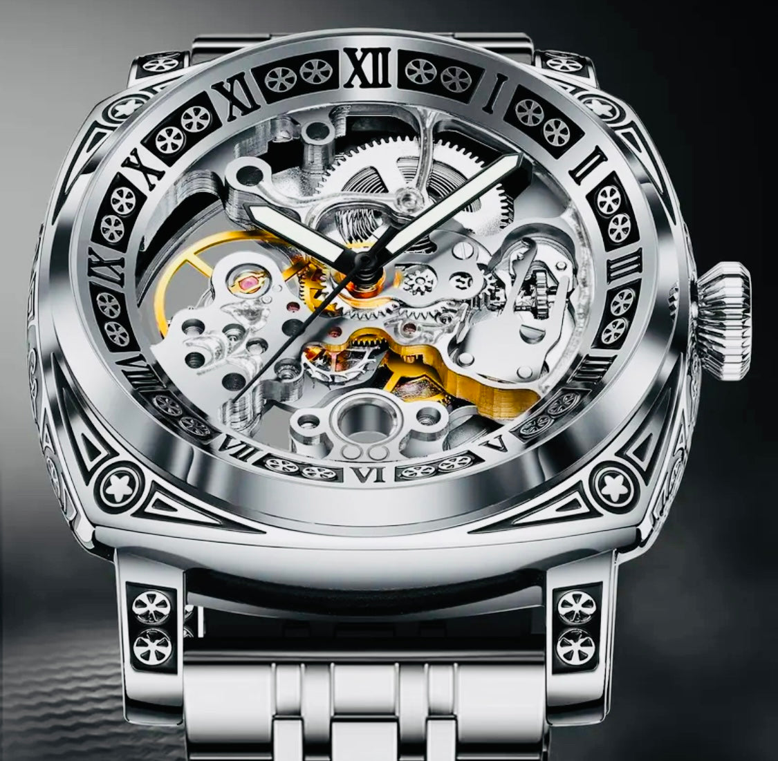 Hermoso Reloj Automático Mecánico Skeleton Grabado- Pulso de Acero Inoxidable-Impermeable Excelente Calidad! Maquinaria Corre muy Suave! 💯% Original