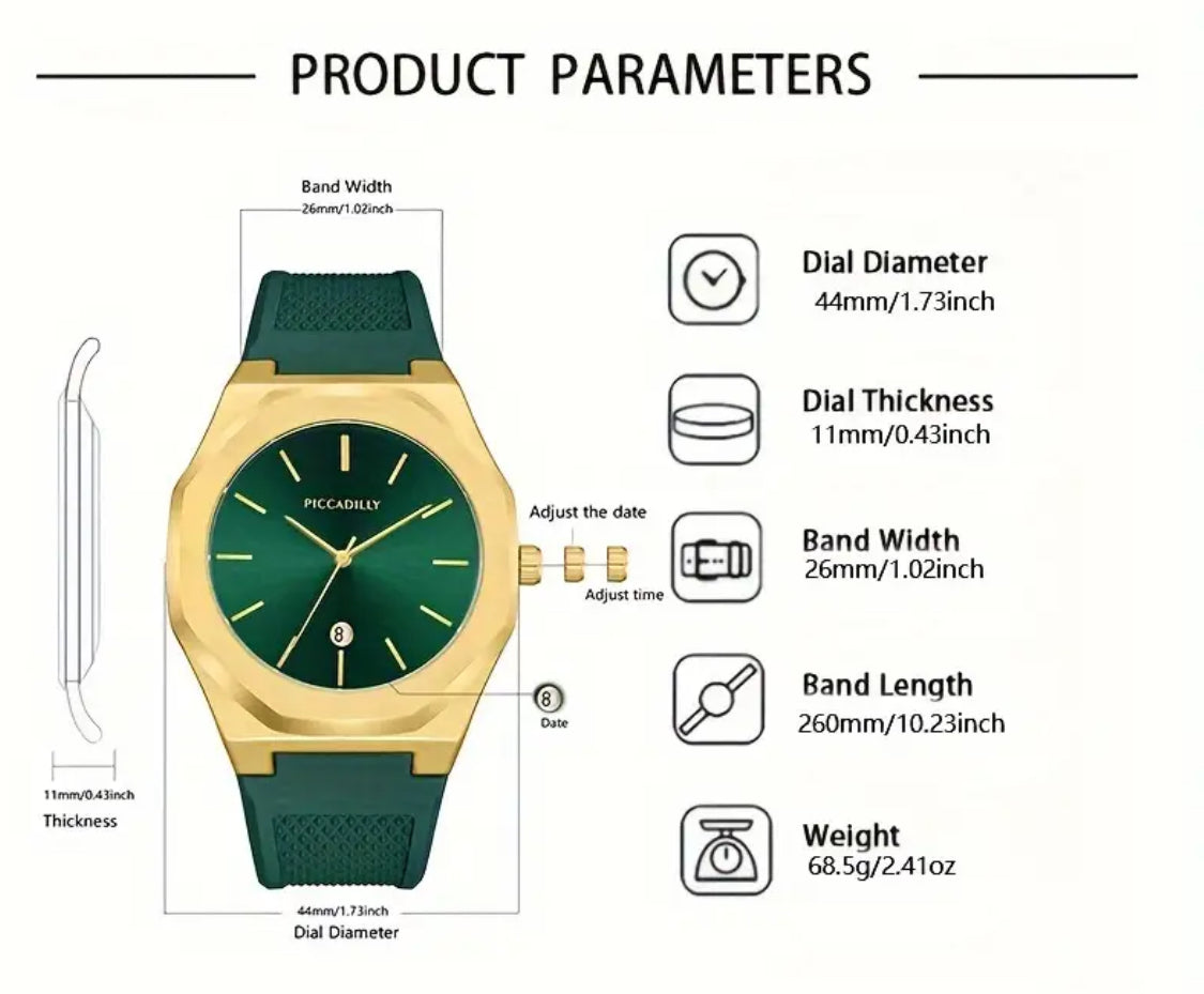 Elegante Reloj Octagonal Movimiento de Cuarzo- Fechador 44 mm. Ideal para Regalo 🎁
