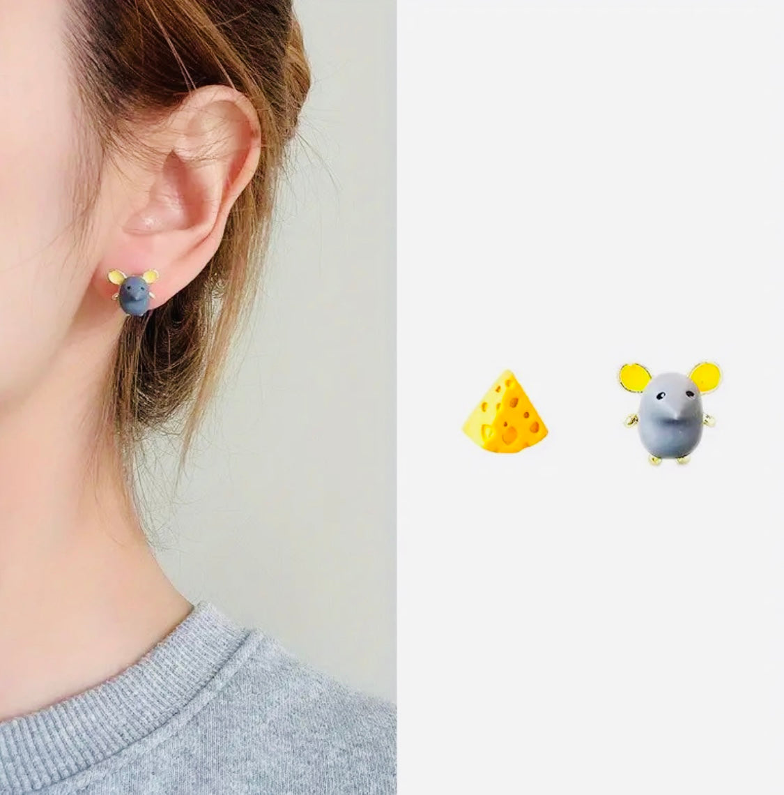 Simpáticos y Originales Aretes asimétricos de Ratón 🐭 con su Quesito Ideal para Regalo 🎁