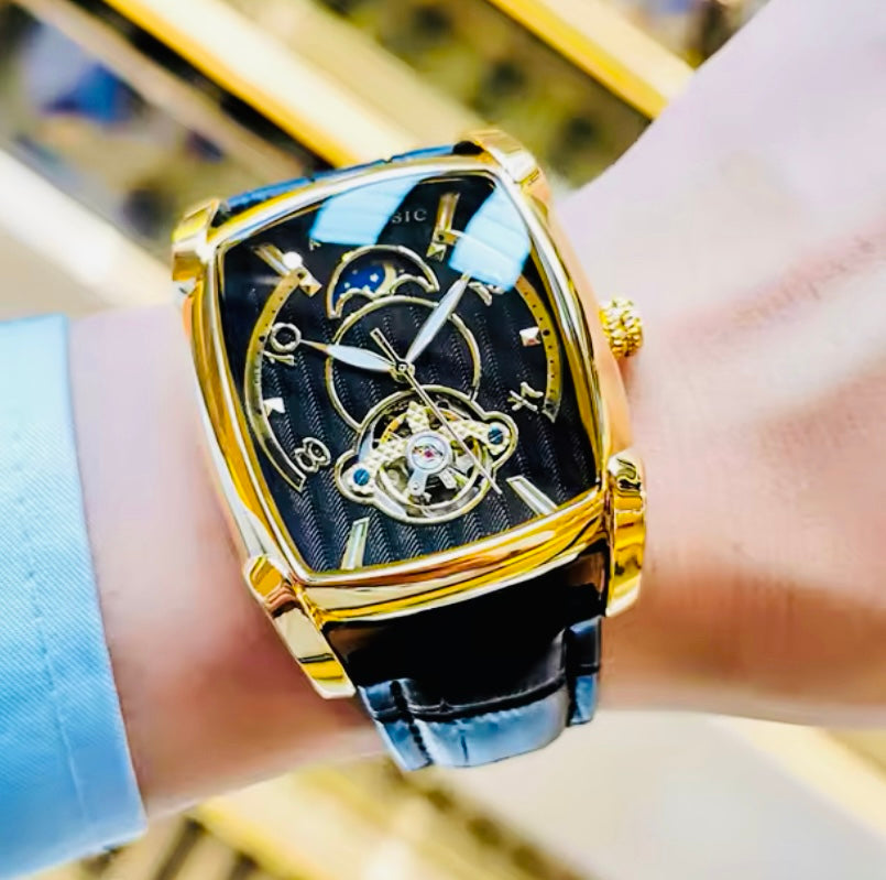 Elegante Reloj Automático Mecánico Tourbillon pulsera resistente al agua con mecanismo automático de movimiento, complemento mecánico Rectangular Carátula luminosa