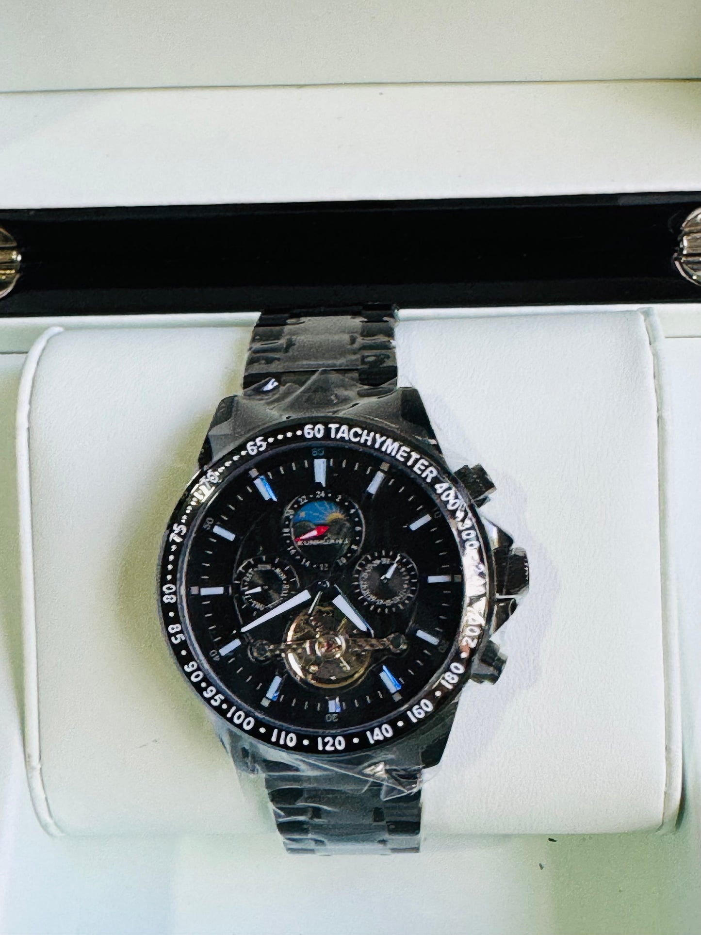 MULTINACIONAL RELOJ AUTOMÁTICO MECÁNICO-CALENDARIO 24 HRS LUNAR-TACÓMETRO-LUMINOSO-VENTANA TOURBILLON- DÍA DE LA SEMANA-CALENDARIO DIAL PEQUEÑO- ETC, ETC!