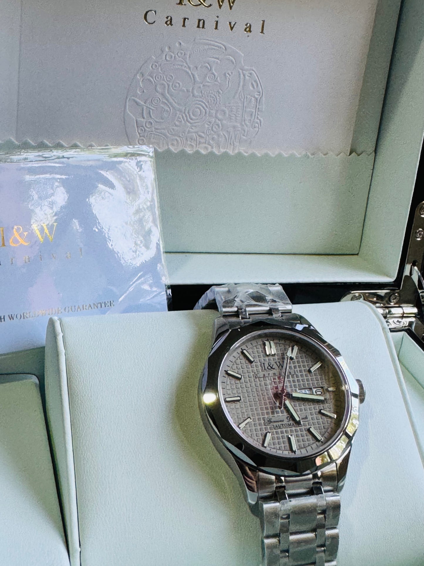 HERMOSO y ELEGANTE DISEÑO I&W AUTOMATICO- CRISTAL ZAFIRO-LUMINOSO-FECHADOR-DÍA DE LA SEMANA 💯% ORIGINAL