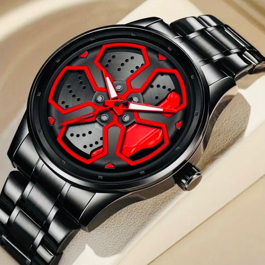 Reloj de Rin Giratorio Acero Inoxidable Movimiento de Cuarzo Disponible en Rojo-Amarillo y Negro