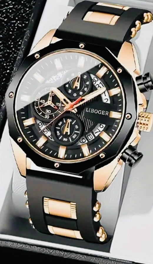 Reloj de Cuarzo LIGE para Hombre, Cronógrafo Multifuncional con Calendario, Pantalla Luminosa, Adorno Brillante, Caja de Aleación de Zinc, Correa de Silicona, Batería Incluida