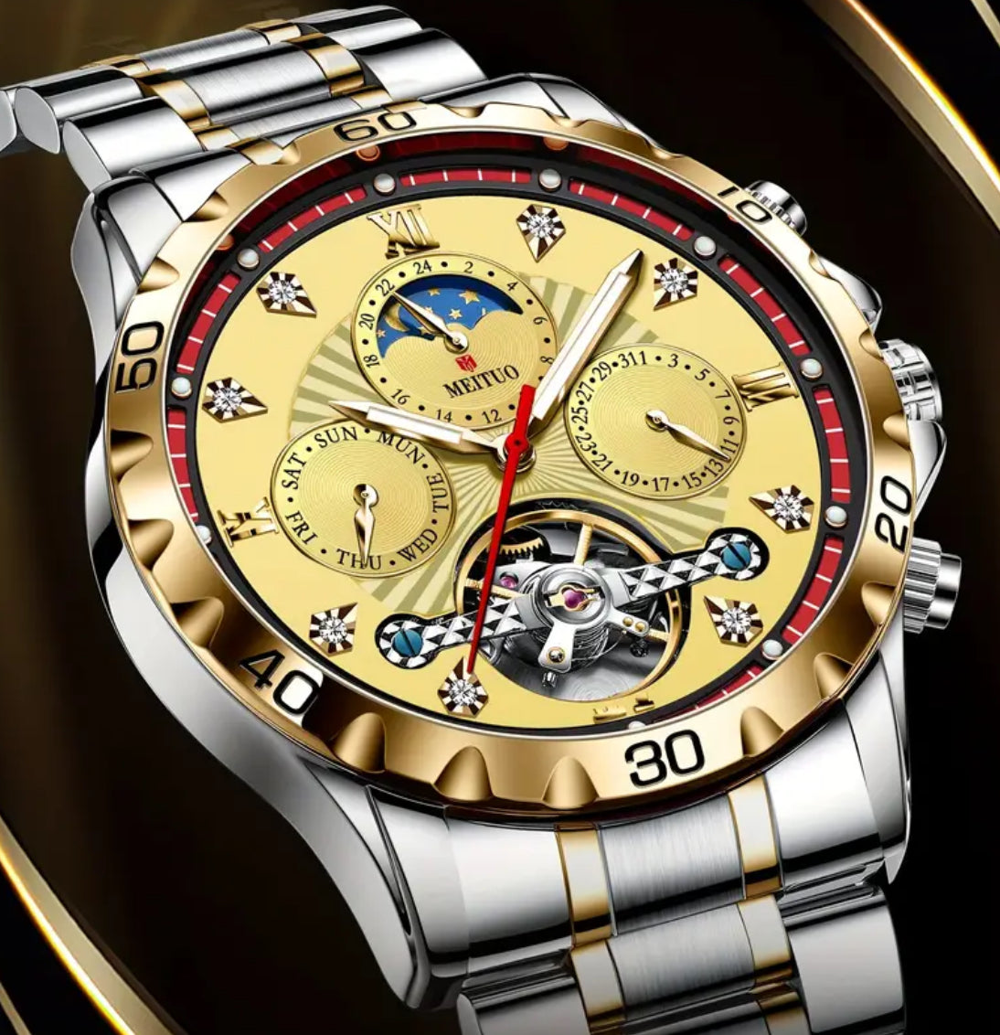 Elegante Y Sofisticado Reloj Automático Mecánico-Tourbillon -Multifuncional- Fechador-Display de Día y Noche-Día de la semana-Luminoso- Cristal Mineral Reforzado Antirrallones- Etcétera