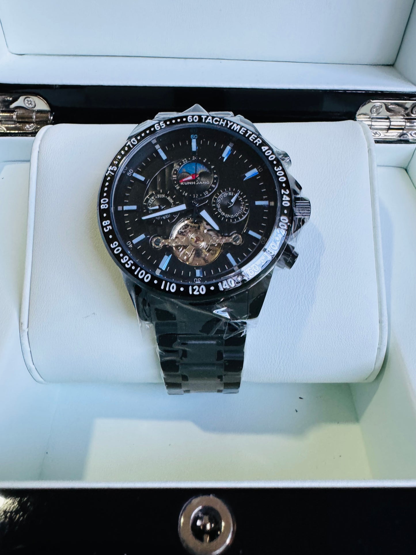 MULTINACIONAL RELOJ AUTOMÁTICO MECÁNICO-CALENDARIO 24 HRS LUNAR-TACÓMETRO-LUMINOSO-VENTANA TOURBILLON- DÍA DE LA SEMANA-CALENDARIO DIAL PEQUEÑO- ETC, ETC!