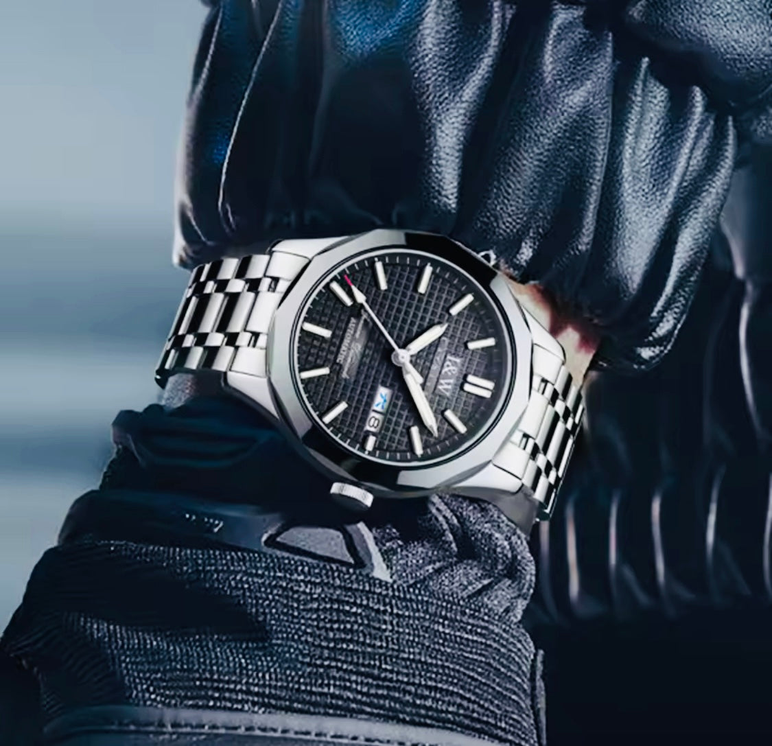 IMPRESIONANTE RELOJ AUTOMÁTICO MECÁNICO I&W - TUNGSTENO-24 JOYAS 💎-FECHADOR-CRYSTAL ZAFIRO-MOVIMIENTO SUIZO- 💯% ORIGINAL
