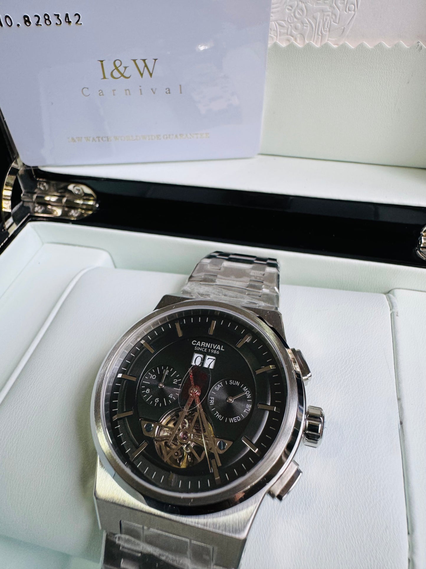 RELOJ I&W AUTOMATICO MECÁNICO-VENTANA TOURBILLON-CALENDARIO  MES-SEMANA-FECHADOR- HORAS PEQUEÑO DIAL JOYAS 💎 RESISTENTE AL AGUA- ALTA CALIDAD!!! 💯% ORIGINAL