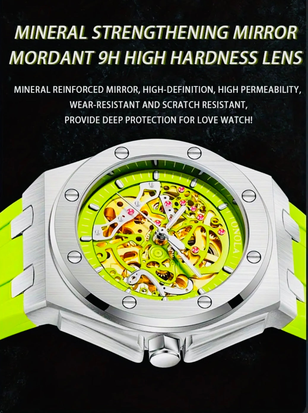 Hermoso Reloj Mecánico Automático de Lujo - Skeleton , Luminoso, Correa de Silicona 💯% Original Gran Calidad con Excelente Maqinaria y Materiales! Disponible en Negro y Dorado- Verde Amarillo Limón- Azul -Blanco
