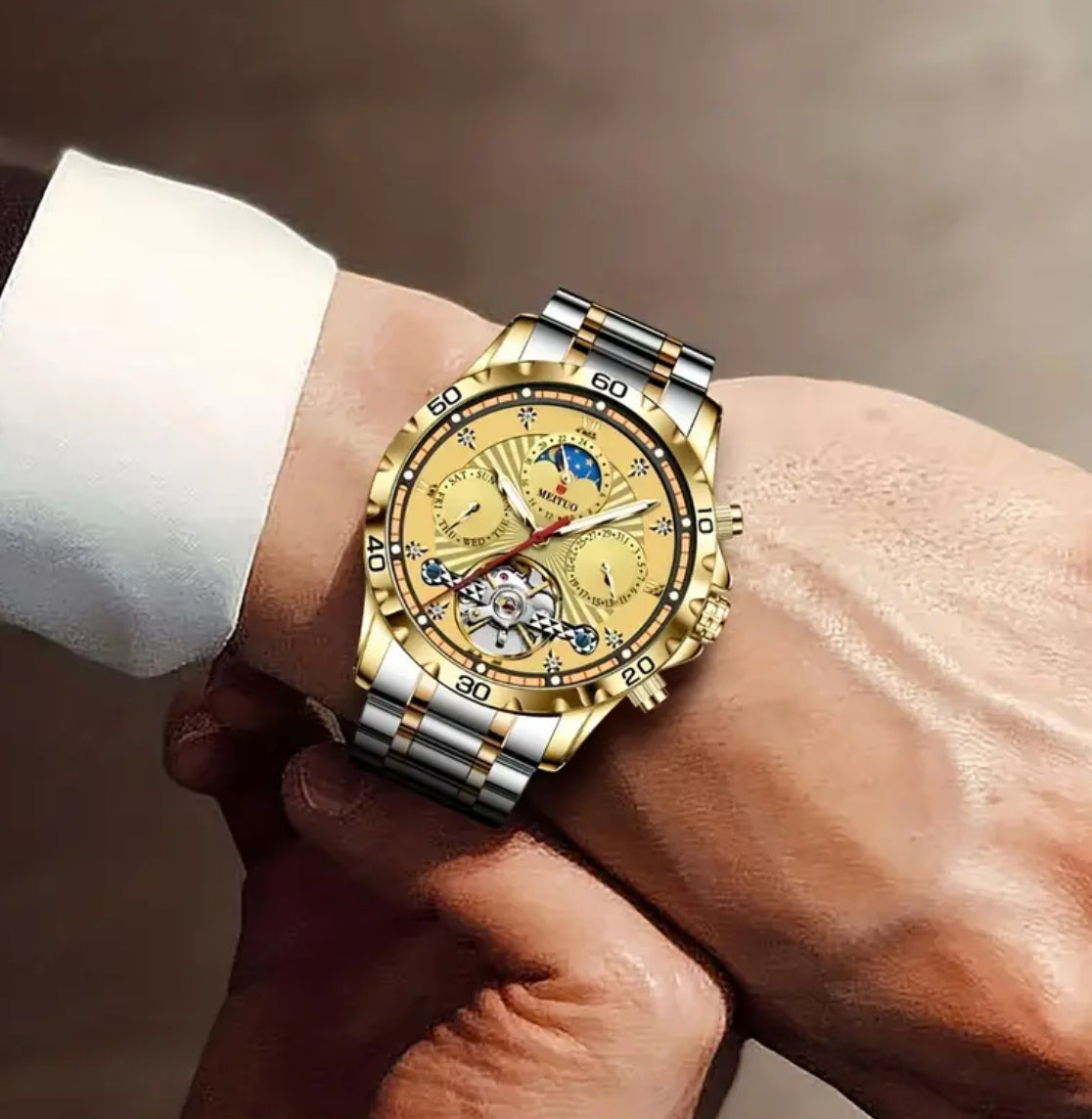 Elegante Y Sofisticado Reloj Automático Mecánico-Tourbillon -Multifuncional- Fechador-Display de Día y Noche-Día de la semana-Luminoso- Cristal Mineral Reforzado Antirrallones- Etcétera
