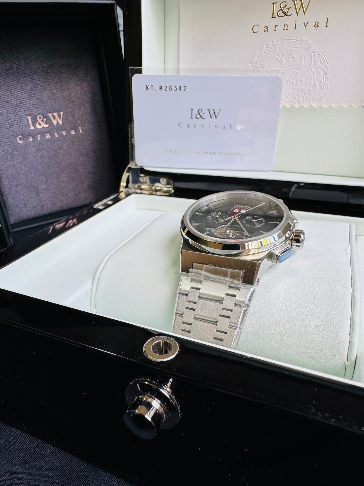 RELOJ I&W AUTOMATICO MECÁNICO-VENTANA TOURBILLON-CALENDARIO  MES-SEMANA-FECHADOR- HORAS PEQUEÑO DIAL JOYAS 💎 RESISTENTE AL AGUA- ALTA CALIDAD!!! 💯% ORIGINAL