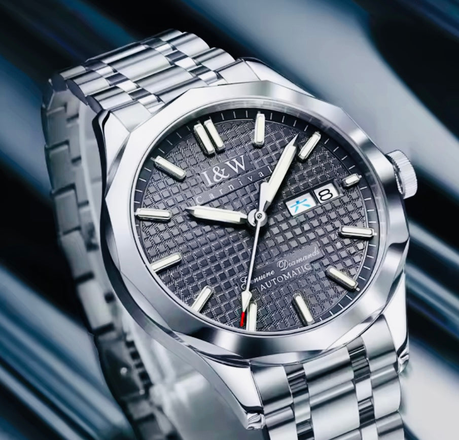 IMPRESIONANTE RELOJ AUTOMÁTICO MECÁNICO I&W - TUNGSTENO-24 JOYAS 💎-FECHADOR-CRYSTAL ZAFIRO-MOVIMIENTO SUIZO- 💯% ORIGINAL