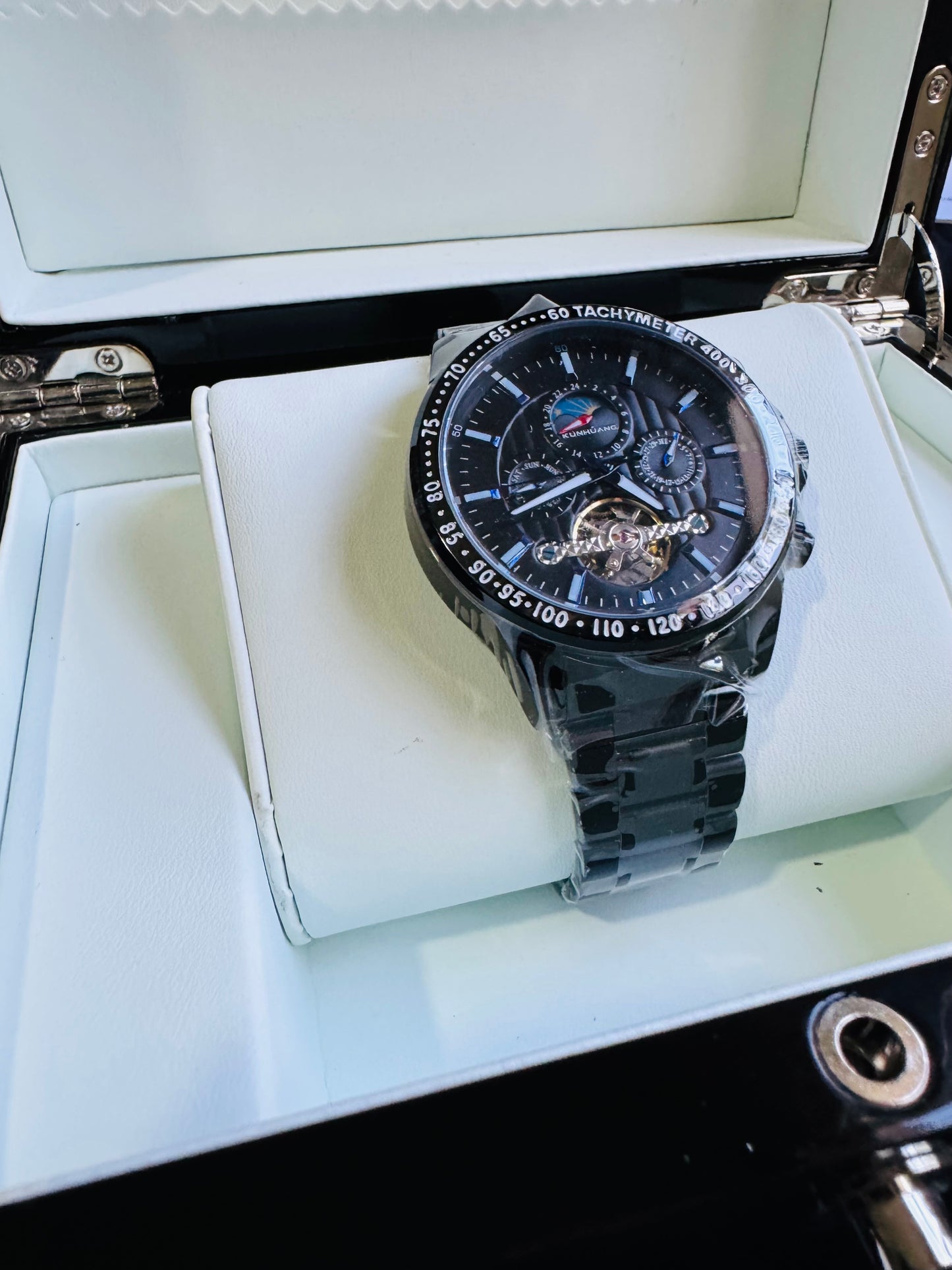 MULTINACIONAL RELOJ AUTOMÁTICO MECÁNICO-CALENDARIO 24 HRS LUNAR-TACÓMETRO-LUMINOSO-VENTANA TOURBILLON- DÍA DE LA SEMANA-CALENDARIO DIAL PEQUEÑO- ETC, ETC!