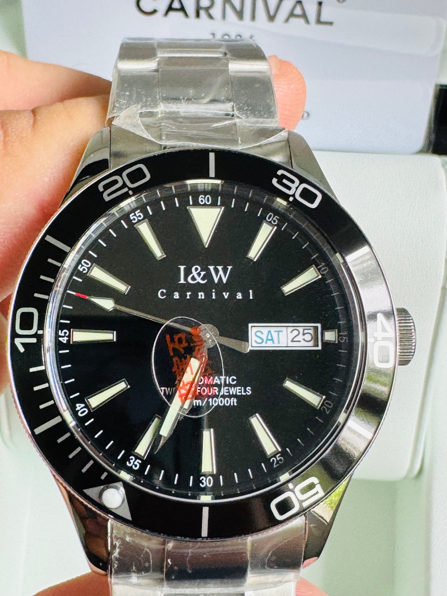 HERMOSO RELOJ AUTOMÁTICO MECÁNICO-BUCEO 1,000 FT-FECHADOR-DÍA SEMANA-CRISTAL ZAFIRO-24 JOYAS 💎-3 ATM -💯% ORIGINAL