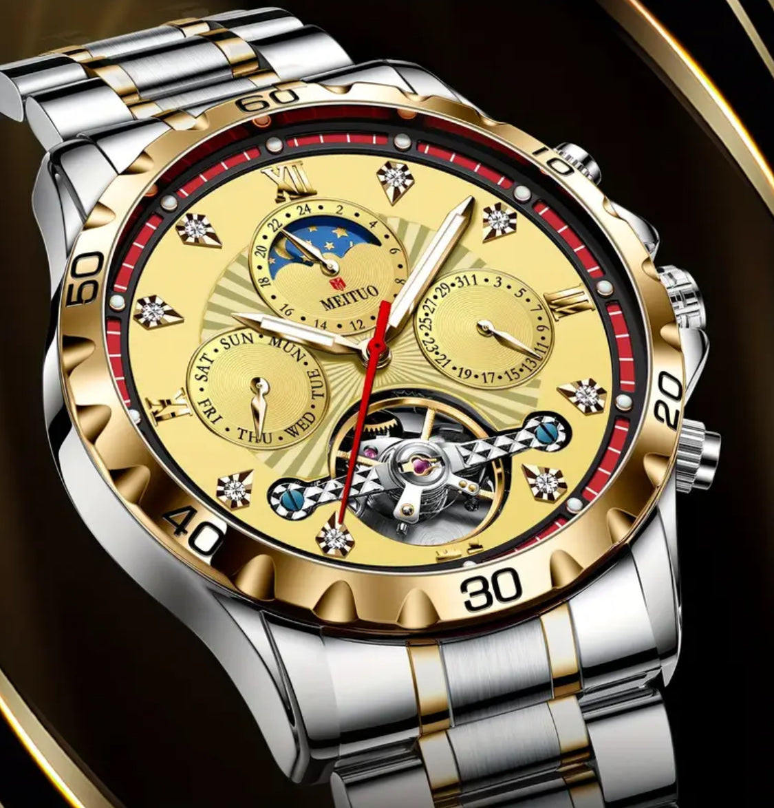 Elegante Y Sofisticado Reloj Automático Mecánico-Tourbillon -Multifuncional- Fechador-Display de Día y Noche-Día de la semana-Luminoso- Cristal Mineral Reforzado Antirrallones- Etcétera