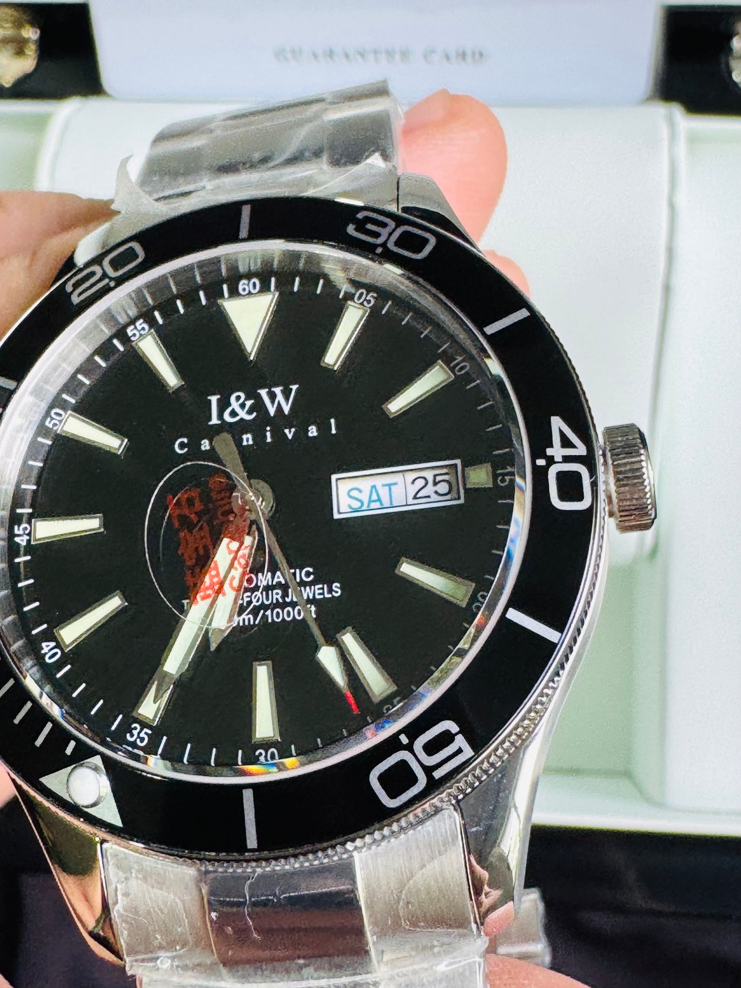 HERMOSO RELOJ AUTOMÁTICO MECÁNICO-BUCEO 1,000 FT-FECHADOR-DÍA SEMANA-CRISTAL ZAFIRO-24 JOYAS 💎-3 ATM -💯% ORIGINAL
