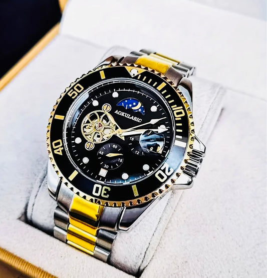 Reloj Mecánico Automático de Lujo para Hombre, Esfera Redonda, Correa de Acero Inoxidable, Resistente al Agua 30 m, Movimiento de Cuerda Automática, Caja de Aleación, Visualización de Puntero, Reloj de Pulsera de Marca Geni