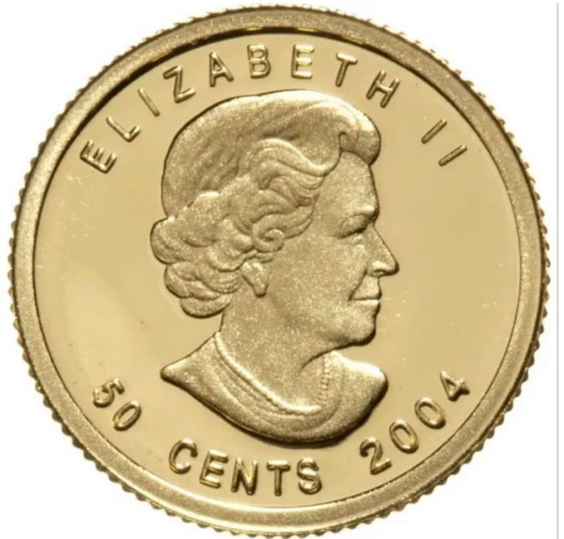 Pequeña pero Hermosa Moneda 50 Cents - Oro Puro 24k .999- Sin Aleaciones 1/25 de Onza - 2004. Nueva al 💯