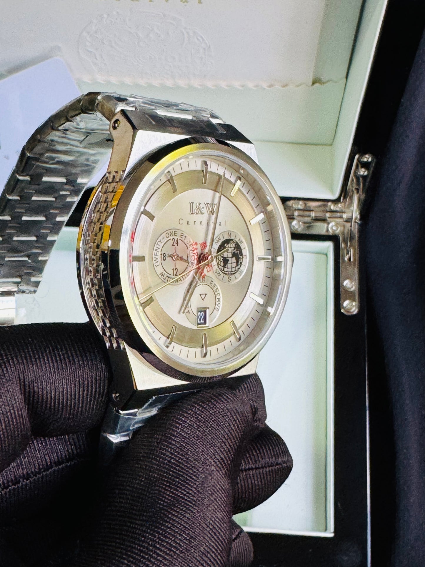 HERMOSO HE INTRINCADO DISEÑO!!!RELOJ I&W AUTOMATICO MECÁNICO-CALENDARIO -42 HORAS DE RESERVA DE CARGA-FECHADOR-DIAL 21 JOYAS 💎 RESISTENTE AL AGUA- ALTA CALIDAD!!! 💯% ORIGINAL