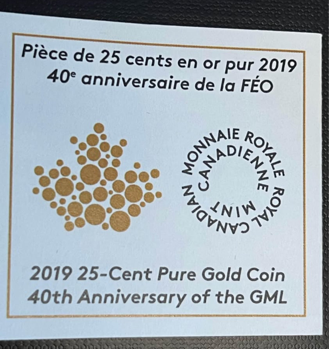 Moneda Oro Puro de 25 centavos sin Aleaciones 40 Aniversario GML para Coleccionistas