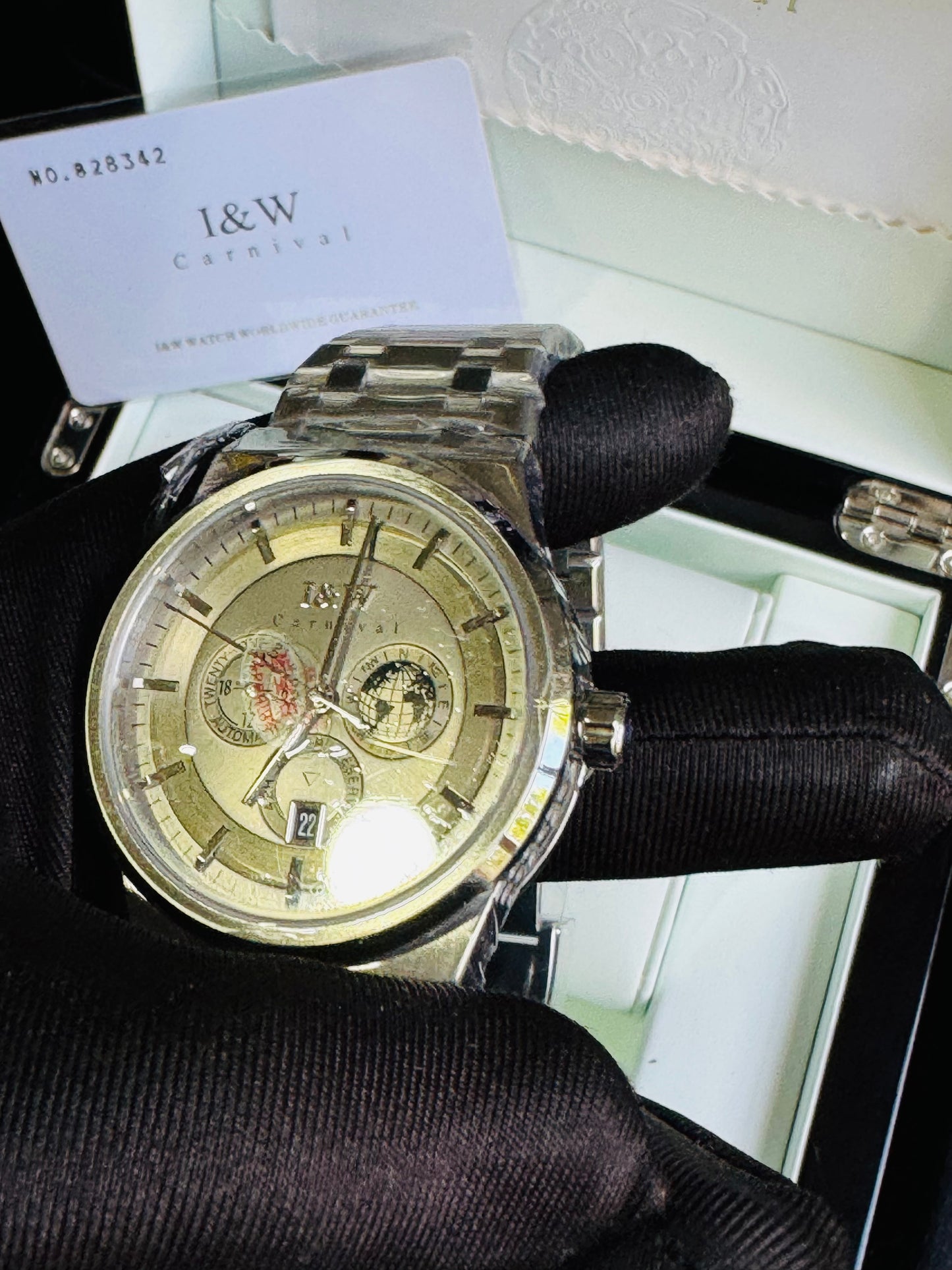 HERMOSO HE INTRINCADO DISEÑO!!!RELOJ I&W AUTOMATICO MECÁNICO-CALENDARIO -42 HORAS DE RESERVA DE CARGA-FECHADOR-DIAL 21 JOYAS 💎 RESISTENTE AL AGUA- ALTA CALIDAD!!! 💯% ORIGINAL