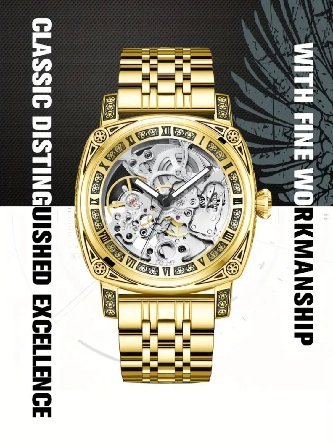 Intrincado Diseño Grabado Reloj Automático Mecánico Skeleton de Alta Calidad Exquisitos Acabados