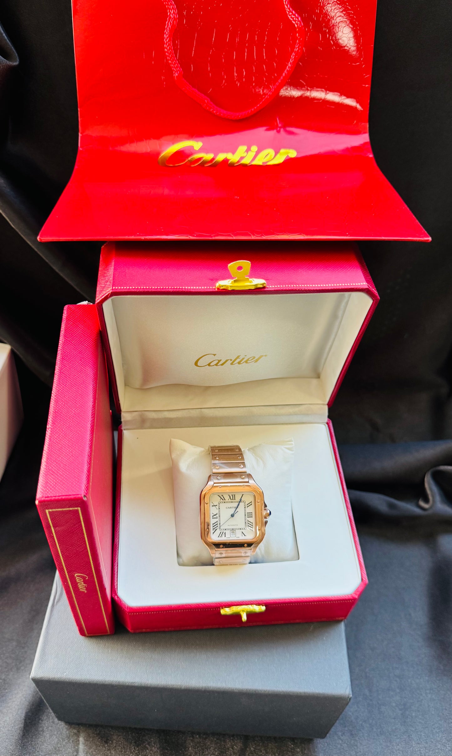 MÁXIMO LUJO ATEMPORAL RELOJ CARTIER SANTOS TONO ORO ROSADO AUTOMÁTICO-MECÁNICO- FECHADOR-ALTA CALIDAD-PRECIO A TRATAR