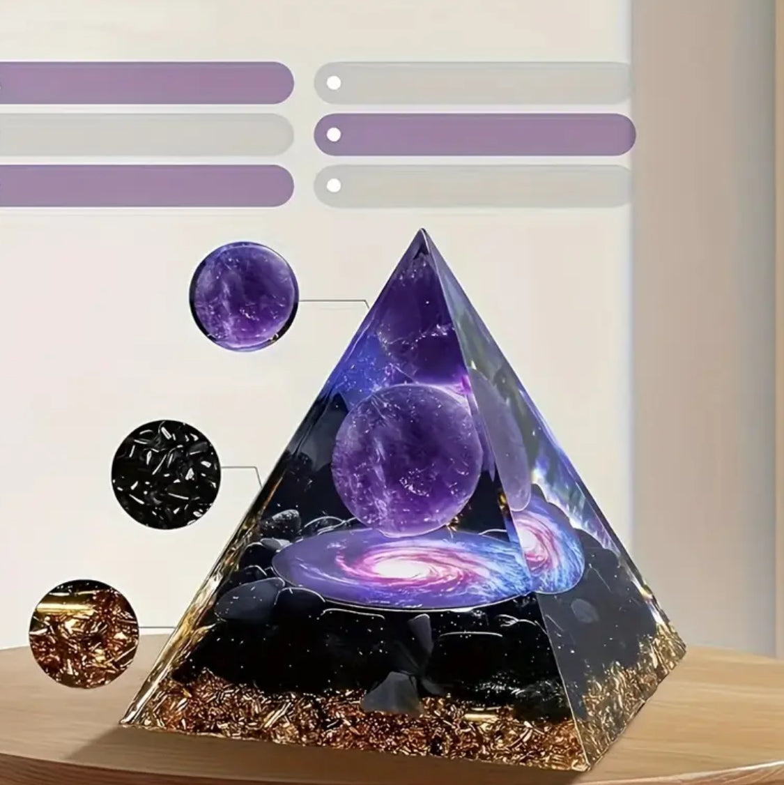 Pirámide de Cristal de Amatista con Base de Obsidiana - terapéutica - meditación- Yoga-Etc-Perfecta para Decoración del Hogar, Adorno de Escritorio e Ideal para Regalo de Cumpleaños, Navidad y Fiestas
