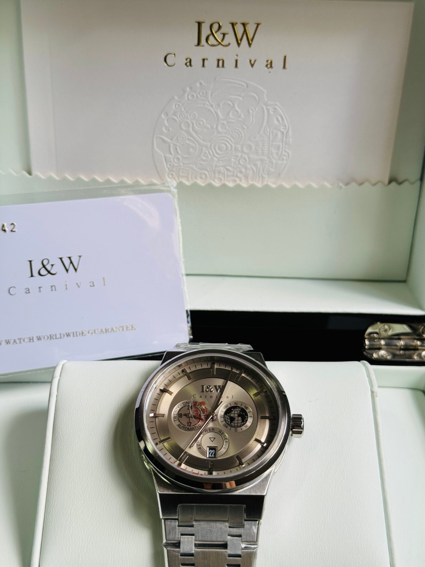 HERMOSO HE INTRINCADO DISEÑO!!!RELOJ I&W AUTOMATICO MECÁNICO-CALENDARIO -42 HORAS DE RESERVA DE CARGA-FECHADOR-DIAL 21 JOYAS 💎 RESISTENTE AL AGUA- ALTA CALIDAD!!! 💯% ORIGINAL