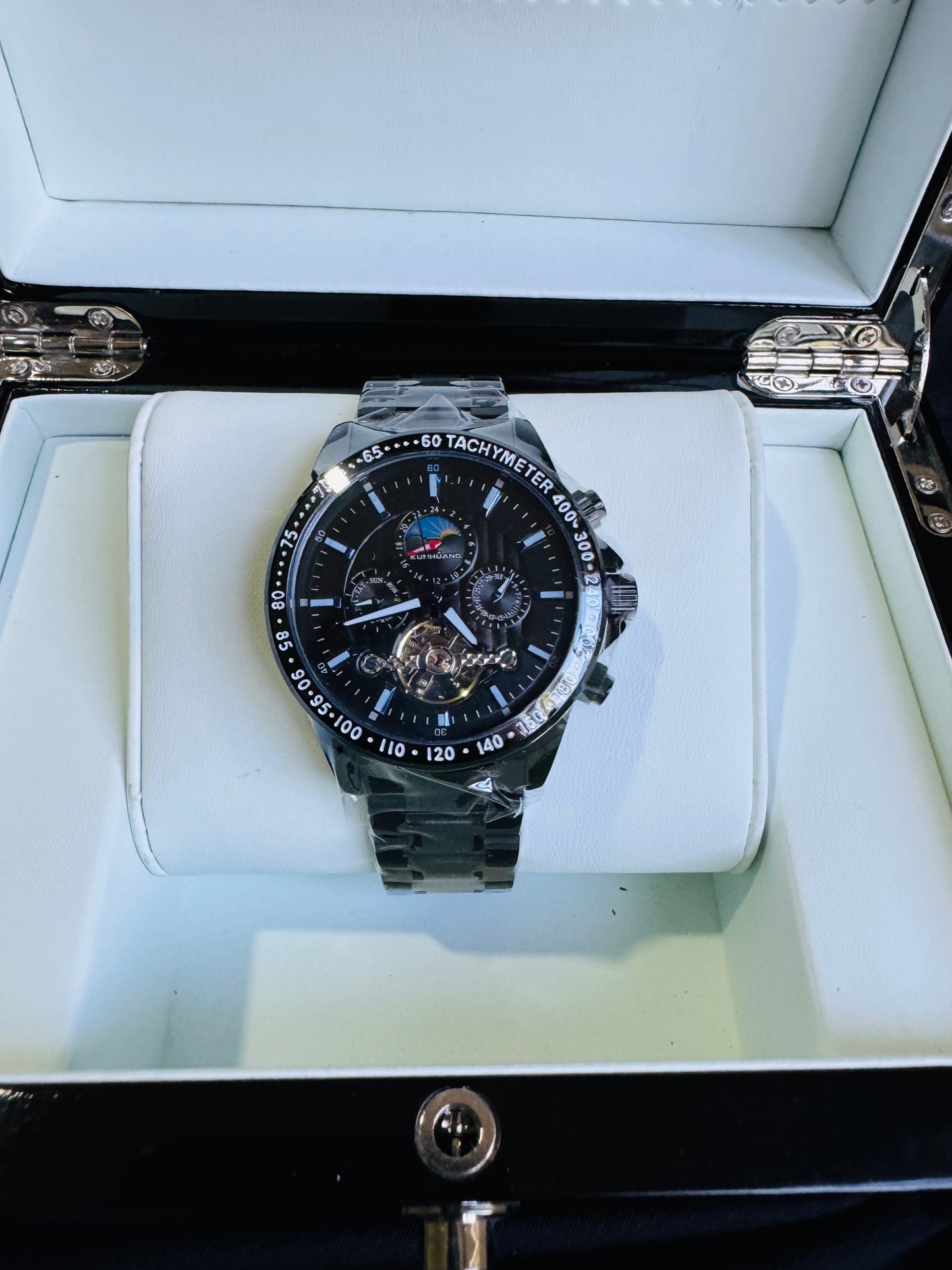 MULTINACIONAL RELOJ AUTOMÁTICO MECÁNICO-CALENDARIO 24 HRS LUNAR-TACÓMETRO-LUMINOSO-VENTANA TOURBILLON- DÍA DE LA SEMANA-CALENDARIO DIAL PEQUEÑO- ETC, ETC!