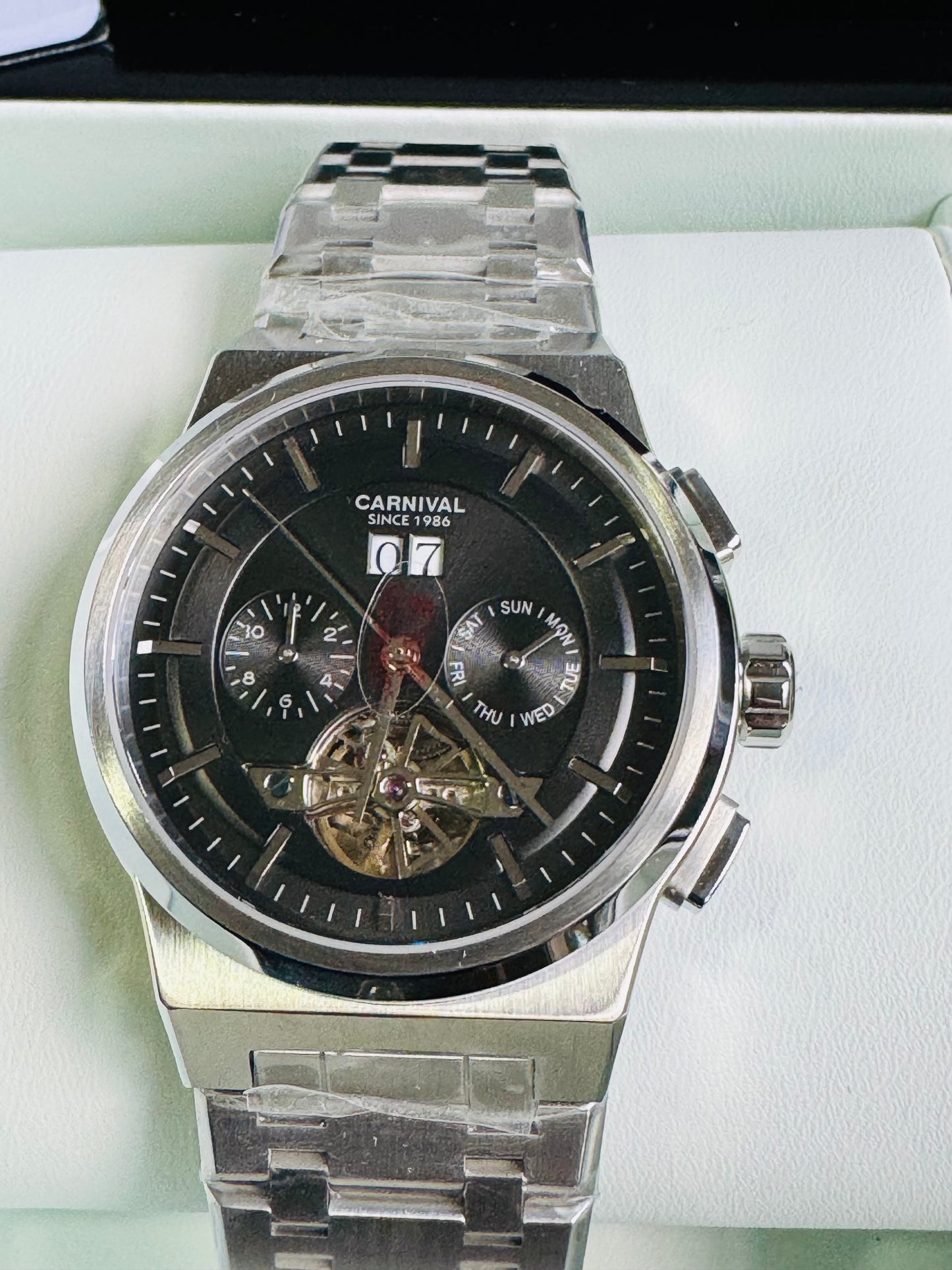 RELOJ I&W AUTOMATICO MECÁNICO-VENTANA TOURBILLON-CALENDARIO  MES-SEMANA-FECHADOR- HORAS PEQUEÑO DIAL JOYAS 💎 RESISTENTE AL AGUA- ALTA CALIDAD!!! 💯% ORIGINAL