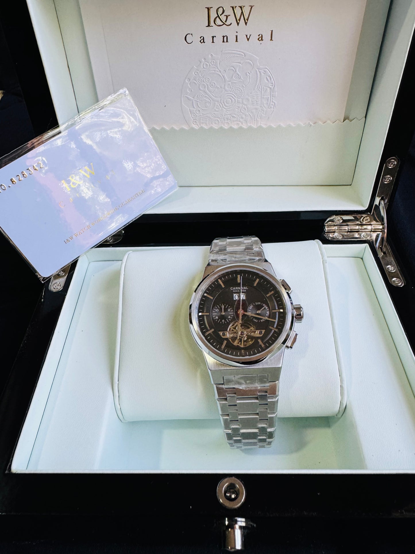 RELOJ I&W AUTOMATICO MECÁNICO-VENTANA TOURBILLON-CALENDARIO  MES-SEMANA-FECHADOR- HORAS PEQUEÑO DIAL JOYAS 💎 RESISTENTE AL AGUA- ALTA CALIDAD!!! 💯% ORIGINAL