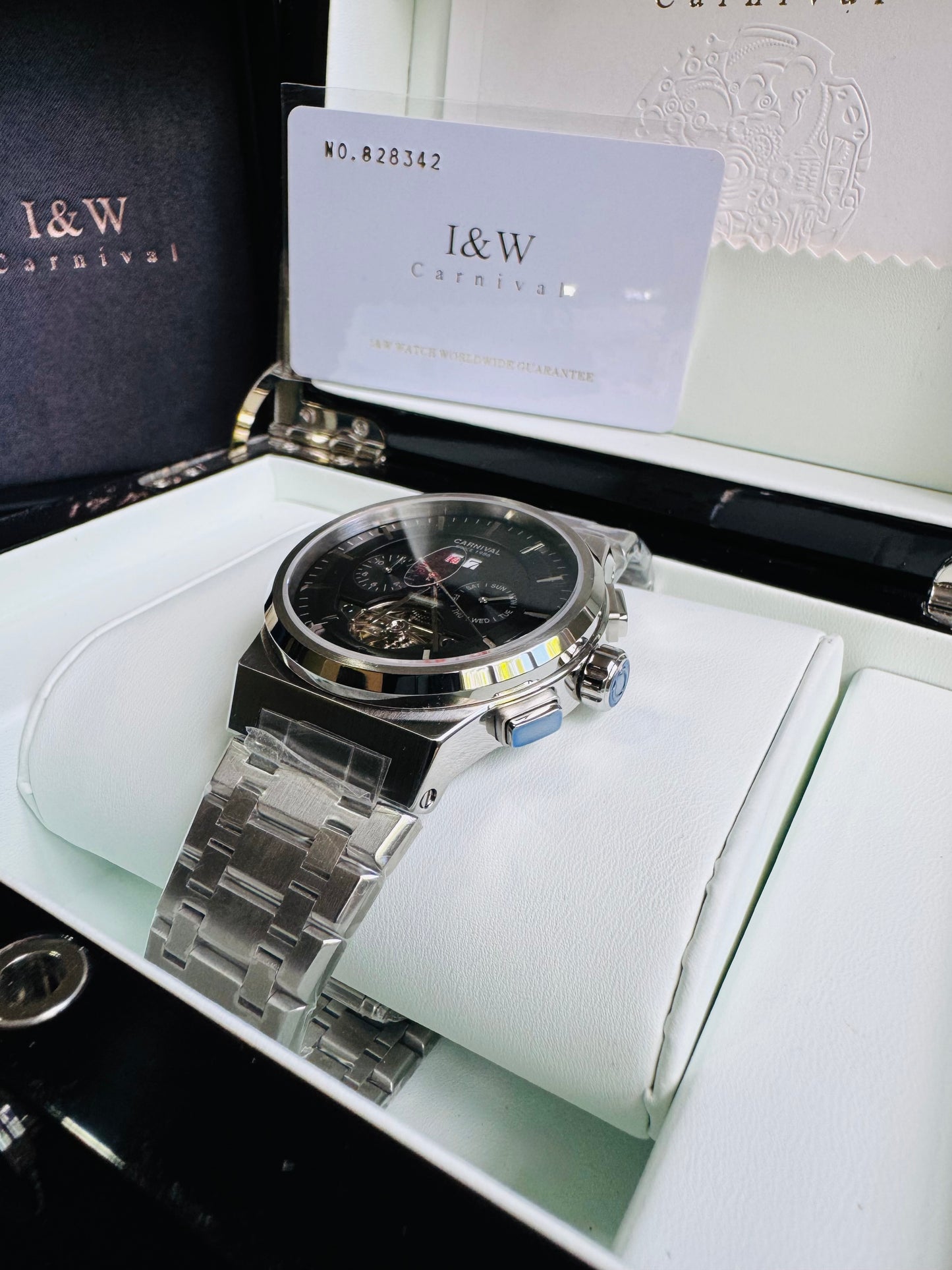RELOJ I&W AUTOMATICO MECÁNICO-VENTANA TOURBILLON-CALENDARIO  MES-SEMANA-FECHADOR- HORAS PEQUEÑO DIAL JOYAS 💎 RESISTENTE AL AGUA- ALTA CALIDAD!!! 💯% ORIGINAL