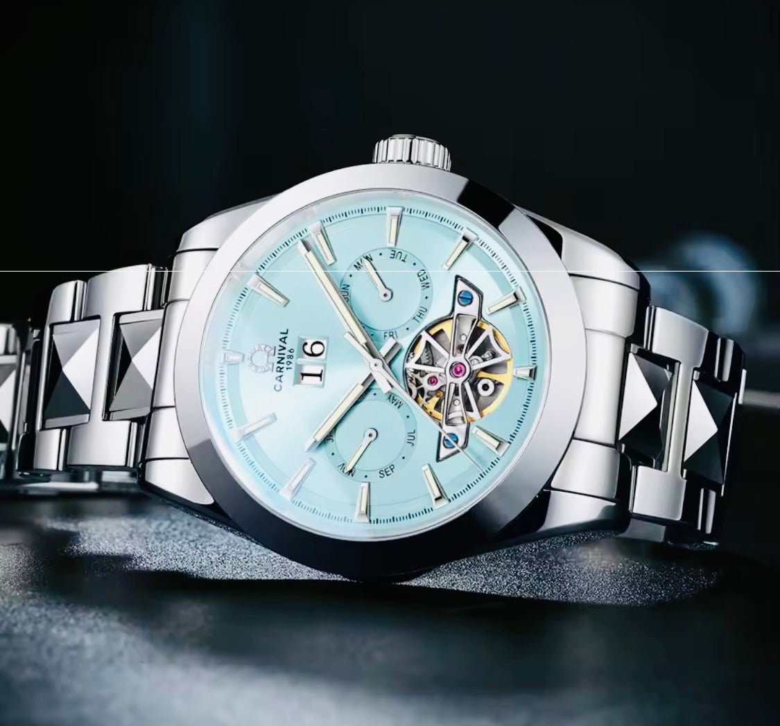 INNOVADOR DISEÑO RELOJ TOURBILLON-AUTOMÁTICO MECÁNICO TUNGSTENO DE LUJO -CRISTAL ZAFIRO-LUMINOSO- ESPECTACULAR BRAZALETE TUNGSTENO DE ALTA CALIDAD!!! MÚLTIPLES COMPLICACIONES-SEMANARIO-MES-FECHADOR-MOVIMIENTO HUECO-DESCARGADOR AUTOMÁTICO DE PRESIÓN- ETC