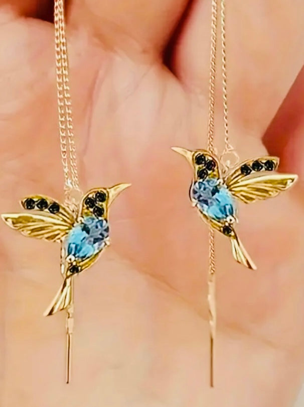 Exquisito diseño de colibrí con gemas sintéticas brillantes incrustadas, pendientes colgantes elegantes y lindos de estilo delicado Ideales para Regalo 🎁