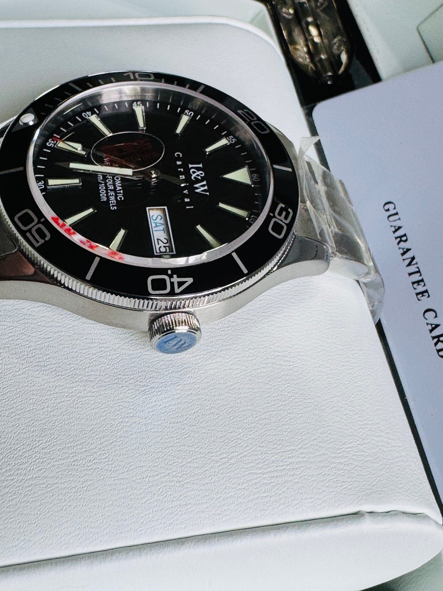 HERMOSO RELOJ AUTOMÁTICO MECÁNICO-BUCEO 1,000 FT-FECHADOR-DÍA SEMANA-CRISTAL ZAFIRO-24 JOYAS 💎-3 ATM -💯% ORIGINAL