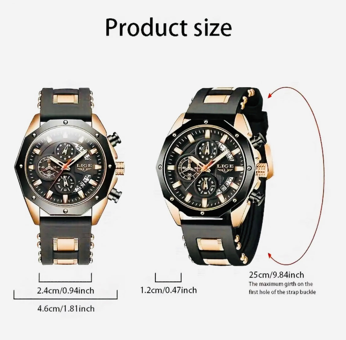 Reloj de Cuarzo LIGE para Hombre, Cronógrafo Multifuncional con Calendario, Pantalla Luminosa, Adorno Brillante, Caja de Aleación de Zinc, Correa de Silicona, Batería Incluida