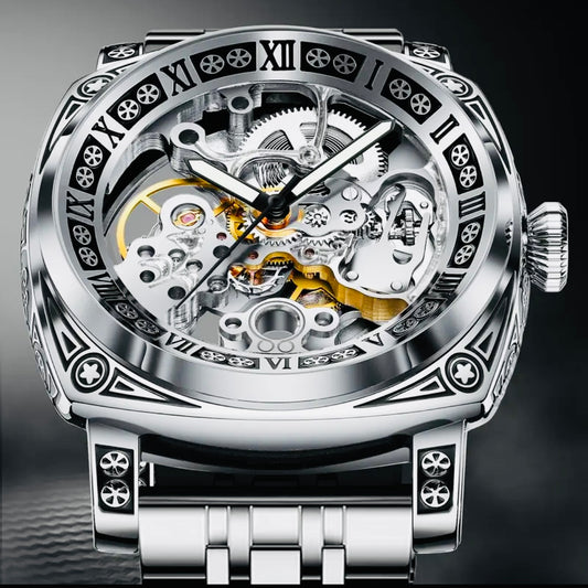 Hermoso Reloj Automático Mecánico Skeleton Grabado- Pulso de Acero Inoxidable-Impermeable Excelente Calidad! Maquinaria Corre muy Suave! 💯% Original