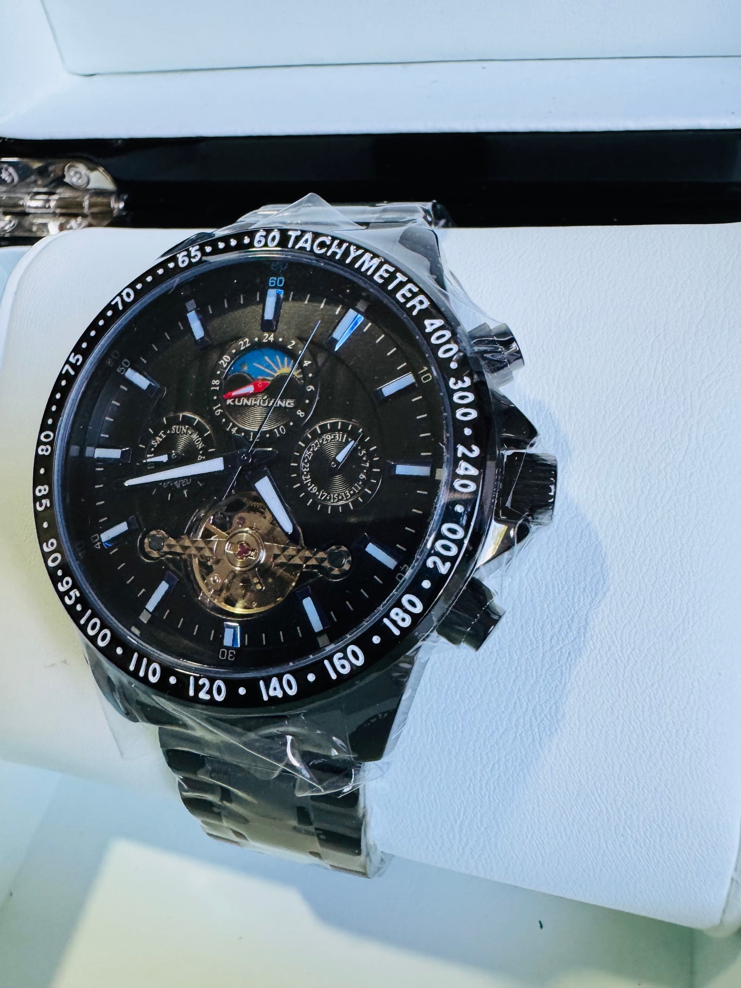 MULTINACIONAL RELOJ AUTOMÁTICO MECÁNICO-CALENDARIO 24 HRS LUNAR-TACÓMETRO-LUMINOSO-VENTANA TOURBILLON- DÍA DE LA SEMANA-CALENDARIO DIAL PEQUEÑO- ETC, ETC!