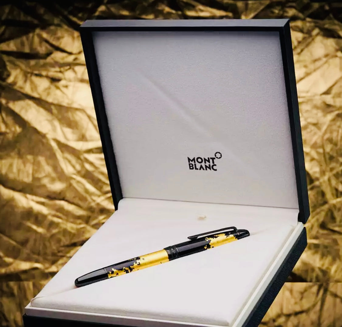 ESPECTACULAR Y ELEGANTE DISEÑO MONTBLANC SOLITAIRE  HOJA DE ORO 24k PLUMA ESTILOGRÁFICA FLEXIBLE