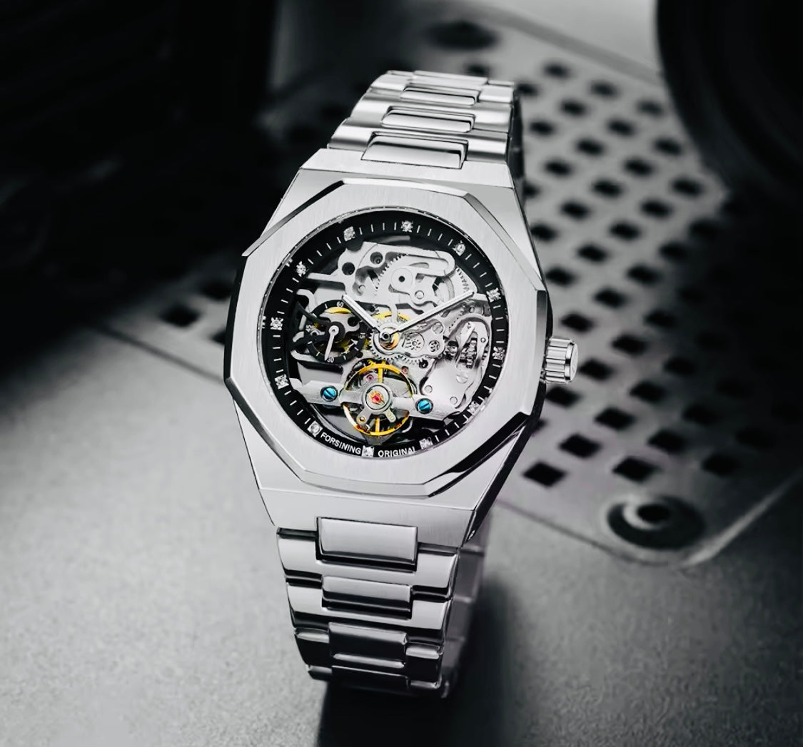 Exquisito Reloj Automático Mecánico Skeleton Tourbillon Octagonal Segundero Acero Inoxidable Alta Calidad Cierre de Mariposa Simplemente Refinado!