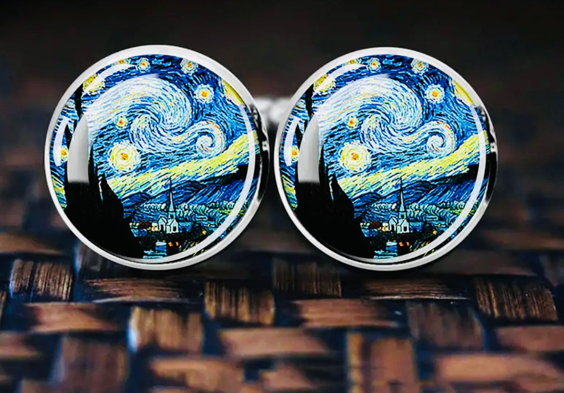 Elegantes Mancuernillas Aleación Acero- Tema Noche estrellada 
Pintura de Vincent van Gogh 💯% Originales