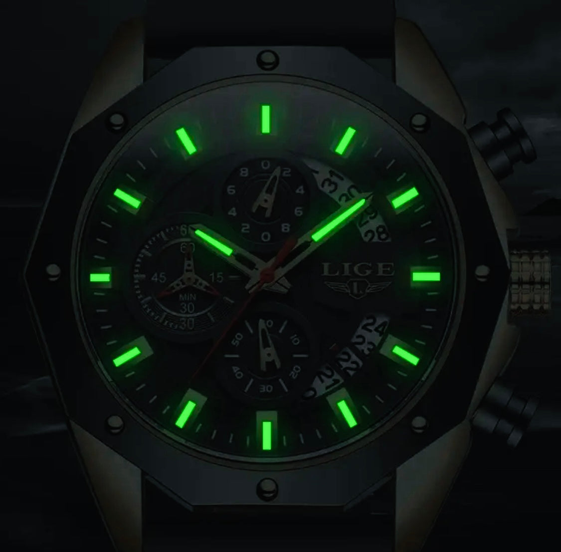 Reloj de Cuarzo LIGE para Hombre, Cronógrafo Multifuncional con Calendario, Pantalla Luminosa, Adorno Brillante, Caja de Aleación de Zinc, Correa de Silicona, Batería Incluida