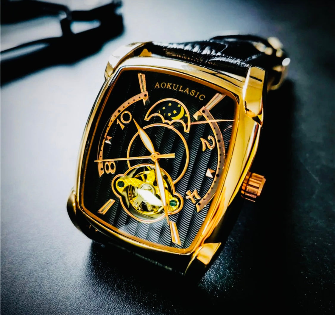 Elegante Reloj Automático Mecánico Tourbillon pulsera resistente al agua con mecanismo automático de movimiento, complemento mecánico Rectangular Carátula luminosa