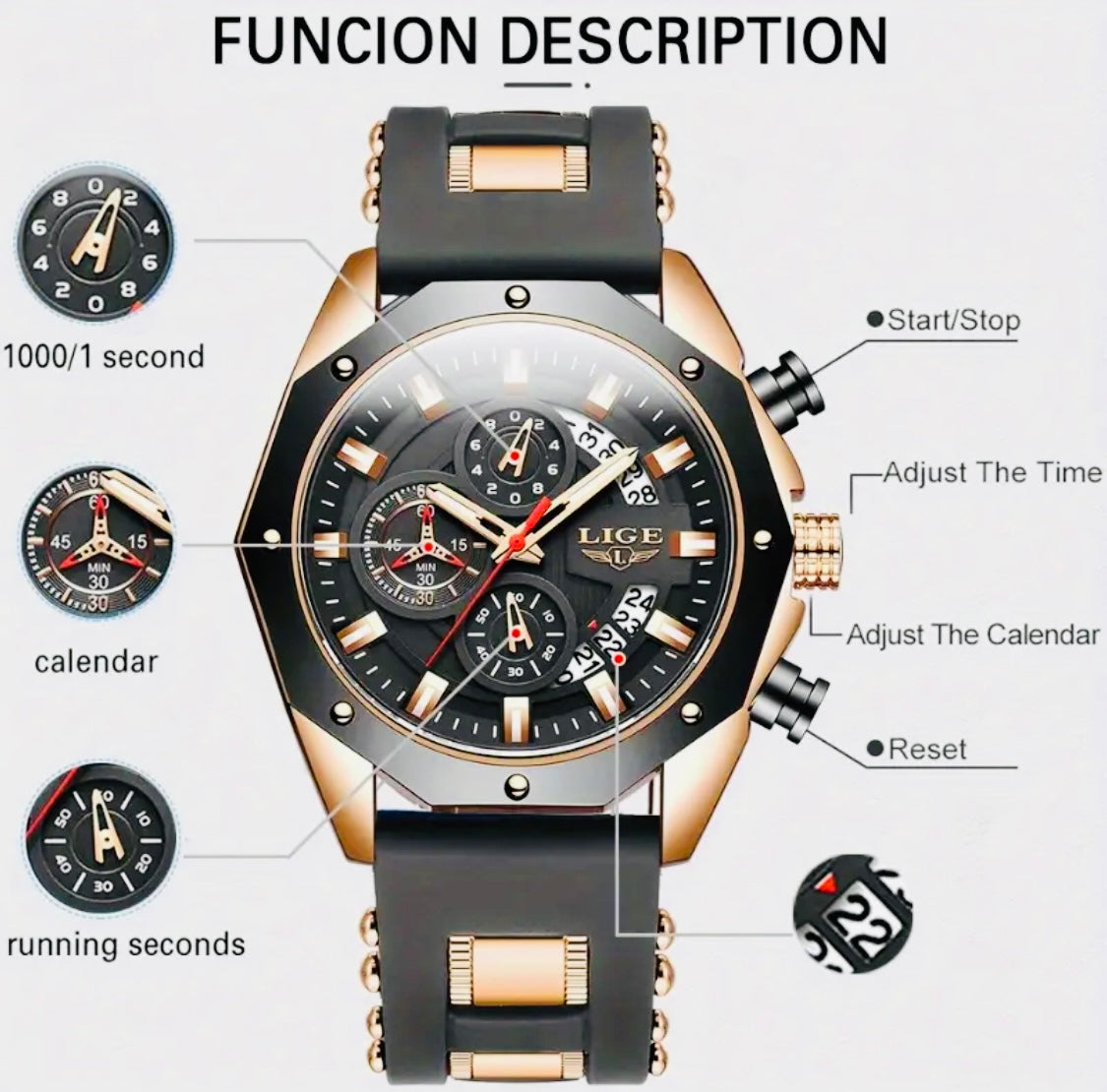 Reloj de Cuarzo LIGE para Hombre, Cronógrafo Multifuncional con Calendario, Pantalla Luminosa, Adorno Brillante, Caja de Aleación de Zinc, Correa de Silicona, Batería Incluida