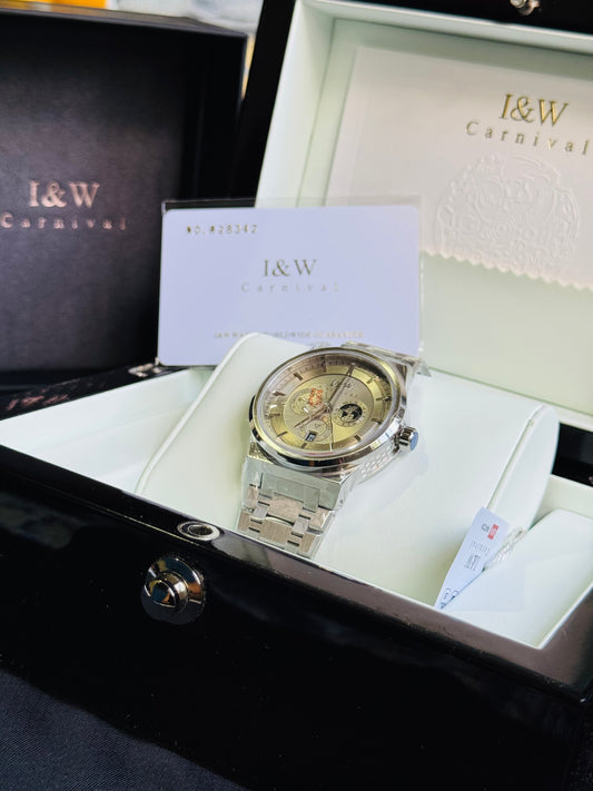 INTRINCADO DISEÑO!!!RELOJ I&W AUTOMATICO MECÁNICO-CALENDARIO -42 HORAS DE RESERVA DE CARGA-FECHADOR-DIAL 21 JOYAS 💎 RESISTENTE AL AGUA- ALTA CALIDAD!!! 💯% ORIGINAL