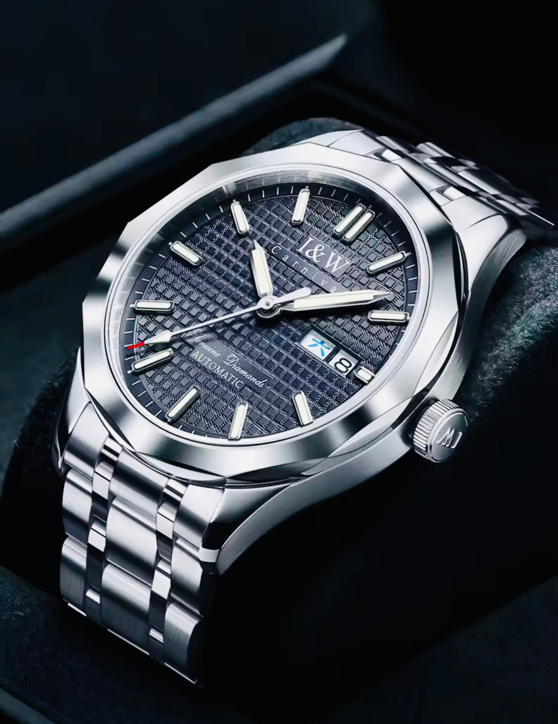 IMPRESIONANTE RELOJ AUTOMÁTICO MECÁNICO I&W - TUNGSTENO-24 JOYAS 💎-FECHADOR-CRYSTAL ZAFIRO-MOVIMIENTO SUIZO- 💯% ORIGINAL