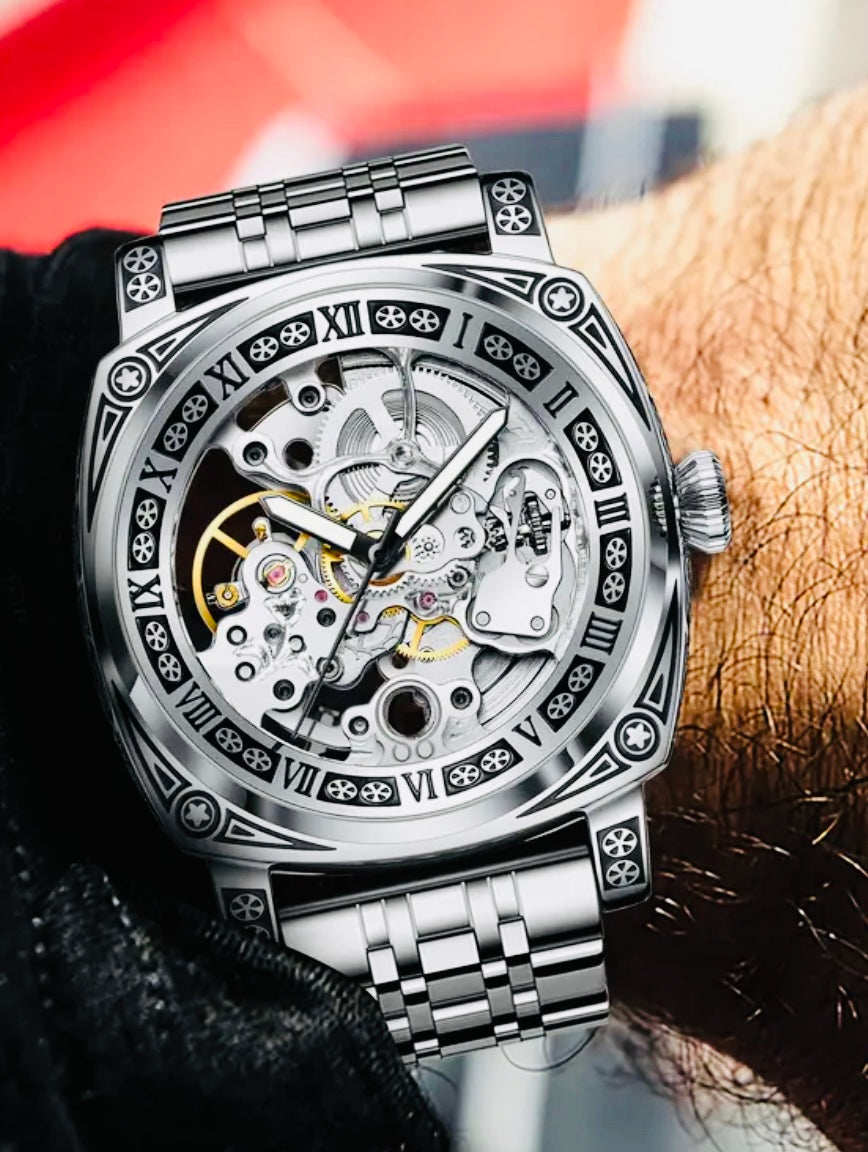 Hermoso Reloj Automático Mecánico Skeleton Grabado- Pulso de Acero Inoxidable-Impermeable Excelente Calidad! Maquinaria Corre muy Suave! 💯% Original