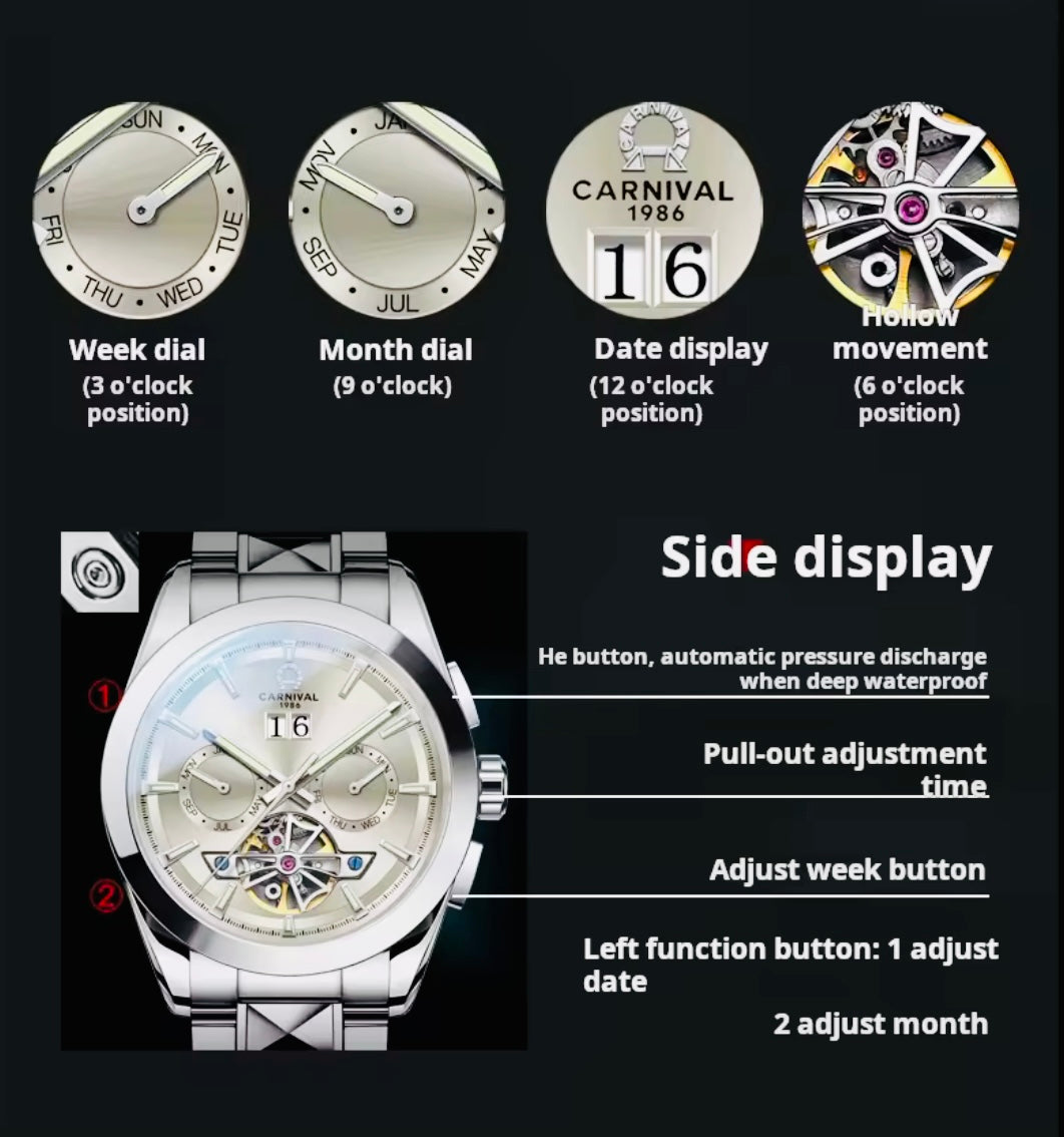 INNOVADOR DISEÑO RELOJ TOURBILLON-AUTOMÁTICO MECÁNICO TUNGSTENO DE LUJO -CRISTAL ZAFIRO-LUMINOSO- ESPECTACULAR BRAZALETE TUNGSTENO DE ALTA CALIDAD!!! MÚLTIPLES COMPLICACIONES-SEMANARIO-MES-FECHADOR-MOVIMIENTO HUECO-DESCARGADOR AUTOMÁTICO DE PRESIÓN- ETC
